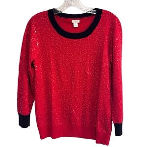 J Crew Womens Size M Red Sequin 3/4 Sleeves Pullover Top Holiday Sparkling